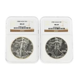 Set of 1988-1989 $1 American Silver Eagle Coins NGC MS69