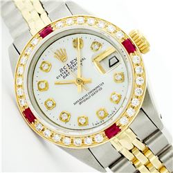 Womens Rolex Two-Tone Mother Of Pearl Ruby Datejust Wristwatch