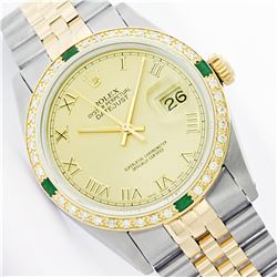 Mens Rolex Two Tone Diamond and Emerald Datejust Wristwatch