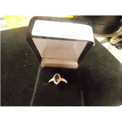 RING - MARQUIS FACETTED GARNET & DIAMONDS IN STERLING SILVER SETTING - APPROX. RETAIL $425