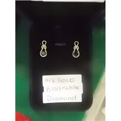 PAIR OF 14K YELLOW GOLD  HAND CRAFTED DROP STYLE  CLAW AND BEAD SET BLACK DIAMOND & WHITE DIAMOND EA