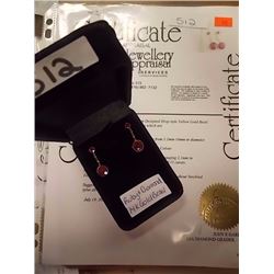 ONE PAIR OF HAND FASHIONED CUSTOM DESIGNED DROP   STYLE YELLOW GOLD BEZEL SET RUBY STONE AND DIAMOND