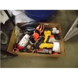 BOX OF MISC TOOLS - PICK, JIGSAW AND MORE