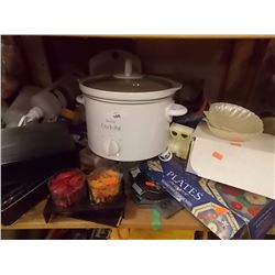SHELF LOT OF DISHES - CROCK POT AND MORE