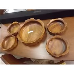 HAND CRAFTED CARVED WOOD BOWL SET - 5 PC