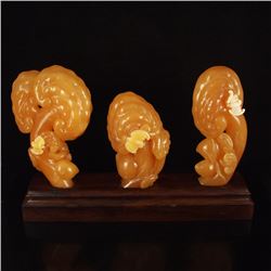 A Set Indonesia Jin Tian Huang Statue - Ruyi Peaches & Bats W Certificate
