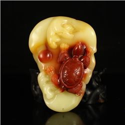 Chinese Shoushan Stone Dragon Turtle Pendant & Certificate