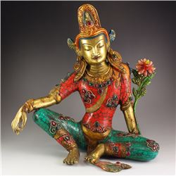 Tibet Gold-plated Bronze Inlay Gemstone Drolma Statue