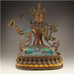 Chinese Bronze Cloisonne Bodhisattva Manjusri Statue
