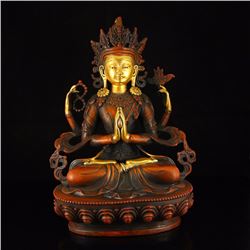 Tibet Gilt Gold Red Copper Four Arms Kwan-yin Statue