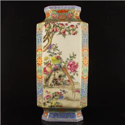 Chinese Gilt Edges Famille Rose Porcelain Big Vase w Magpie & Peony