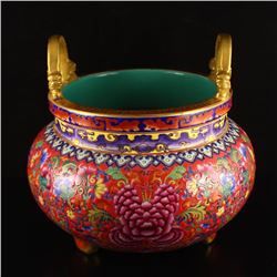 Superb Chinese Gilt Gold Double Ears Famille Rose Porcelain Incense Burner