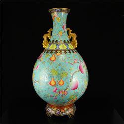 Superb Chinese Double Ears Gilt Gold Famille Rose Porcelain Big Vase w Qian Long Mark