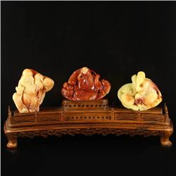 A Set Three Pieces Chinese Shoushan Stone Statue - Fukurokuju
