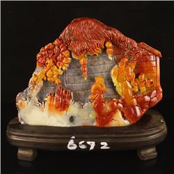 Chinese Natural Shoushan Stone Statue - Old Men & Fortune Kids Free Certificate