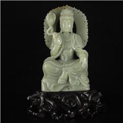 Superb Chinese Hetian Jade Lotus Kwan-yin Statue