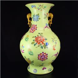 Chinese Gilt Gold Yellow Ground Famille Rose Porcelain Double Rings Vase w Qianlong Mark