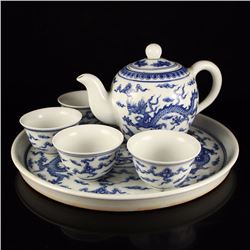 A Set Chinese Ming Dynasty Blue And White Porcelain Tea Set. Teapot ,Cups & Plate w Cheng Hua Mark
