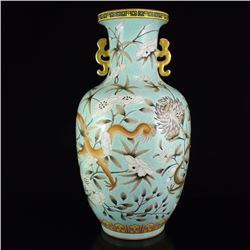 Chinese Gilt Gold Blue Ground Su Cai Porcelain Fortune Dragon Vase W Guangxu Mark
