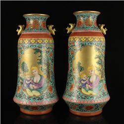 A Pair Chinese Gilt Gold Enamels Porcelain Vase w Qian Long Mark