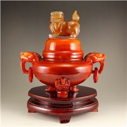 Superb Chinese Red Agate Double Rings Foo Dog Incense Burner