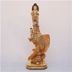 Vintage Chinese Bone Kwan-yin & Fortune Kid Statue
