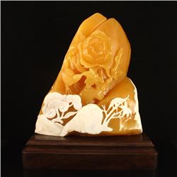 Superb Indonesia Jin Tian Huang Statue - Magpie & Peony W Certificate