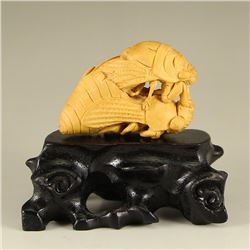 Superb Chinese Boxwood Wood Statue - Cicada