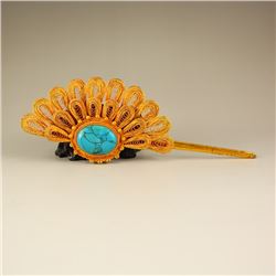 hinese Gilt Gold Sterling Silver Inlay Turquoise Hairpin