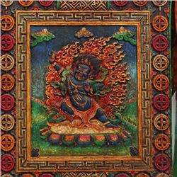 Vintage Chinese Tibet Zitan Wood Temple God Of Fortune Tangka