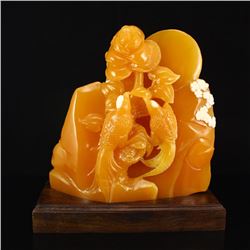 Beautiful Color Hand Carved Indonesia Jin Tian Huang Statue - Magpies & Flower Free w Certificate