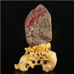 Chinese Changhua Chicken Bloodstone Statue w Peony Flower