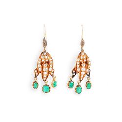 A Pair of Antique Diamond and Emerald Drop Earrings