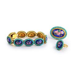 A Vintage Gold Brooch, Ring, and Bracelet Turquoise and Enamel Set