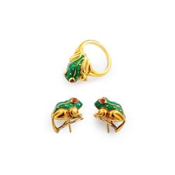 An Enamel Frog Earrings and Ring Set, by David Webb