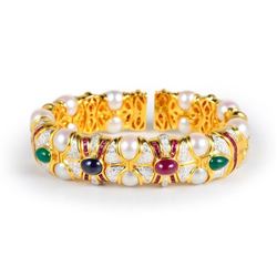 A Pearl and Gemstone Gold Bangle