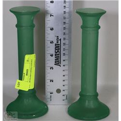2 GREEN GLASS CANDLE STICKS