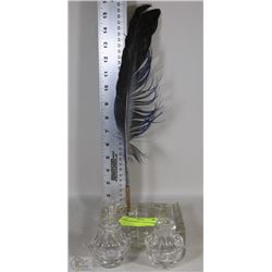 2 GLASS INKWELLS AND FEATHER RIB