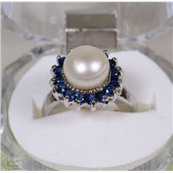 #32-GENUINE WHITE AKOYA PEARL/SAPPHIRE RING