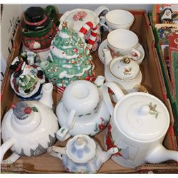 FLAT OF VARIOUS CHRISTMAS TEA POTS AND TEA CUPS