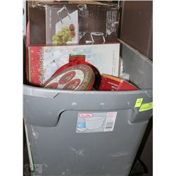 FULL BOX OF CHRISTMAS DECOR INCL TREE, PLATES,