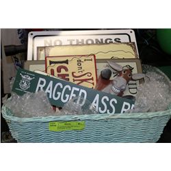 WICKER BASKET FILLED WITH 7 NOVELTY BAR SIGNS