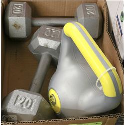 BOX W/SET OF TWO 20 LB HEX DUMBBELLS &