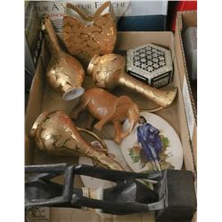 FLAT OF WAND PAINTED VASES/WOODEN ELEPHANT AND