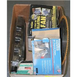 BOX WITH OSCILLATING FAN, CIRCULAR SAW BLADE, MORE