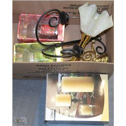BOX WITH NEW CANDLE HOLDERS INCL BIG JAR CANDLES