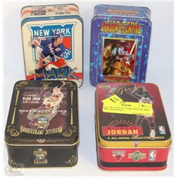 LOT OF 4 COLLECTORS TINS OF NBA, NHL, BASEBALL,