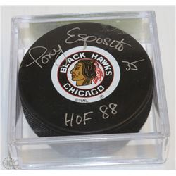 TONY ESPOSITO HOF 88’ SIGNED PUCK IN CASE