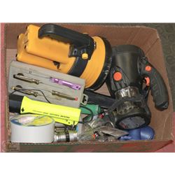 BOX OF FLASHLIGHTS,BATTERIES AND TOOLS