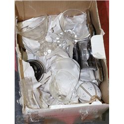 BOX OF ESTATE GLASS,CRYSTAL, SILVER PLATED TRAYS &